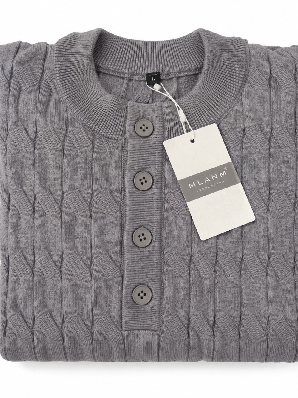 MLANM Vogue Brand Men's Gray Cable Knit Henley Sweater L NWT